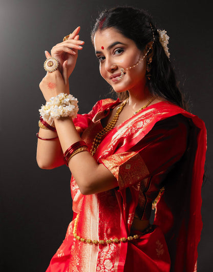 Red Silk Woven Banarasi Durga Puja Saree
