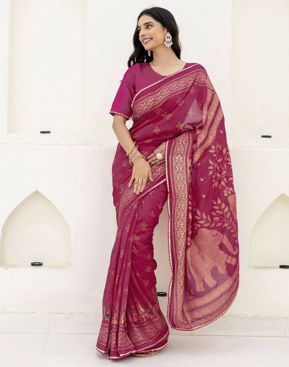 Rani Pink Silk Foil Printed Saree