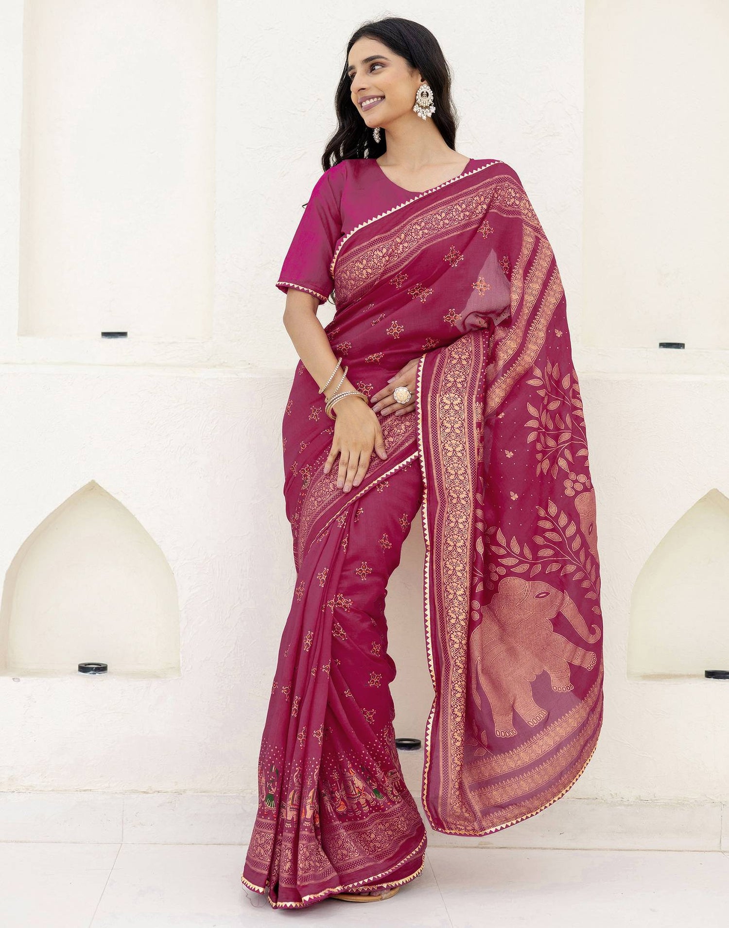 Rani Pink Silk Foil Printed Saree