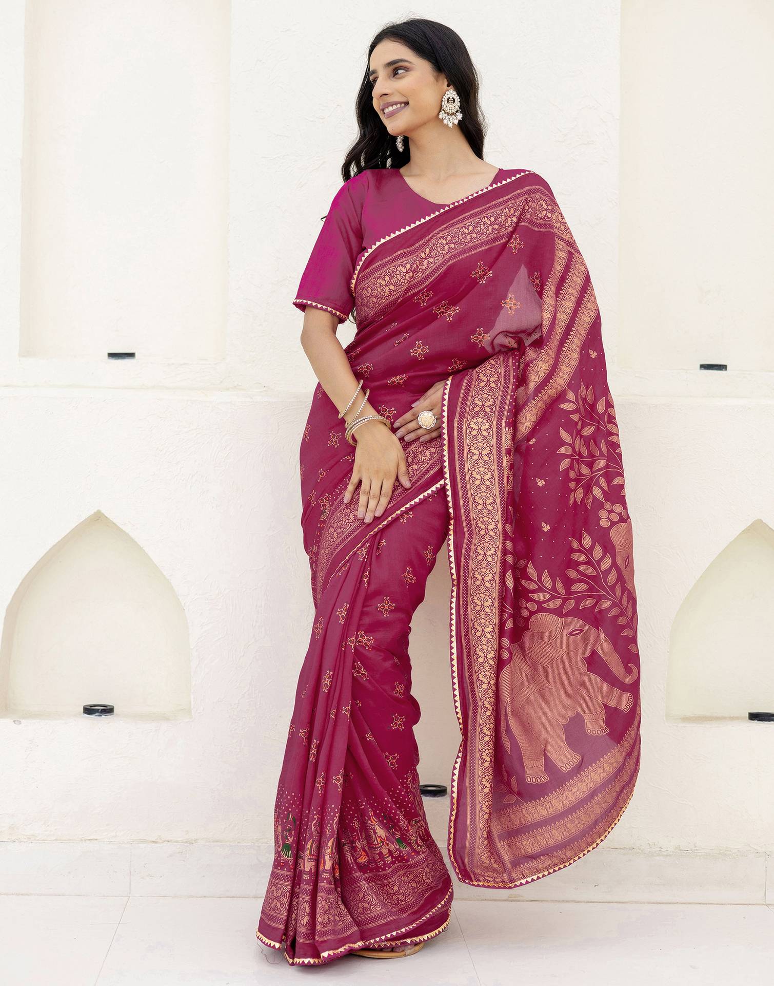 Rani Pink Silk Foil Printed Saree