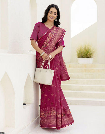 Rani Pink Silk Foil Printed Saree