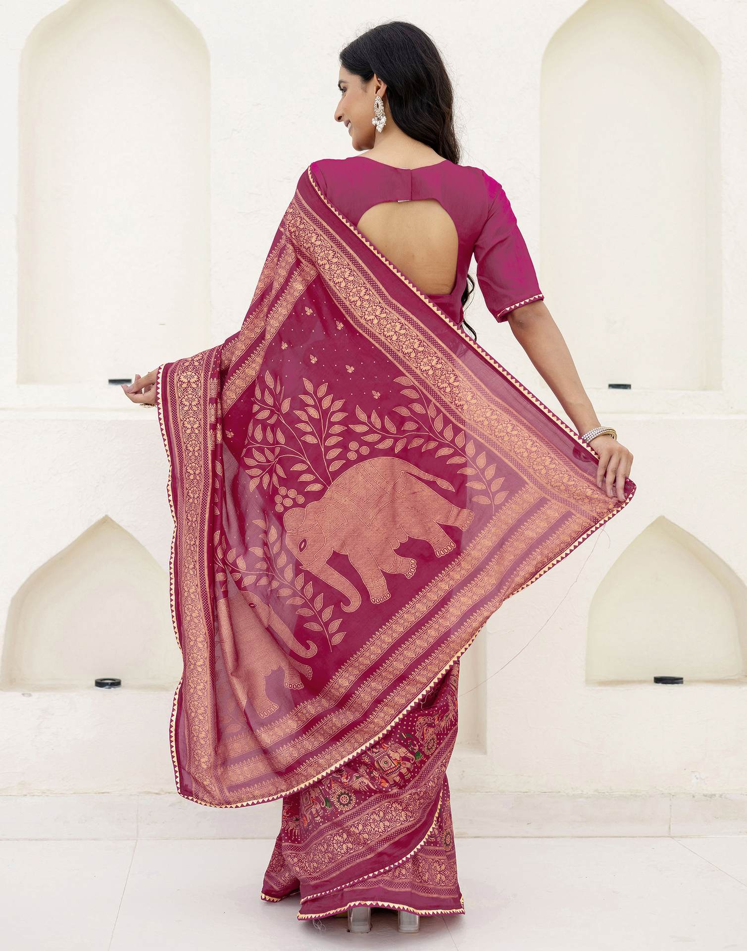 Rani Pink Silk Foil Printed Saree