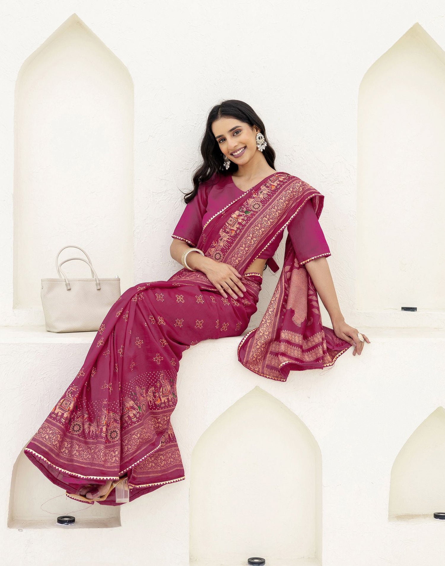 Rani Pink Silk Foil Printed Saree