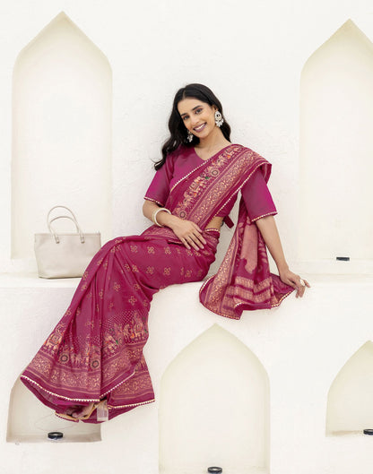 Rani Pink Silk Foil Printed Saree