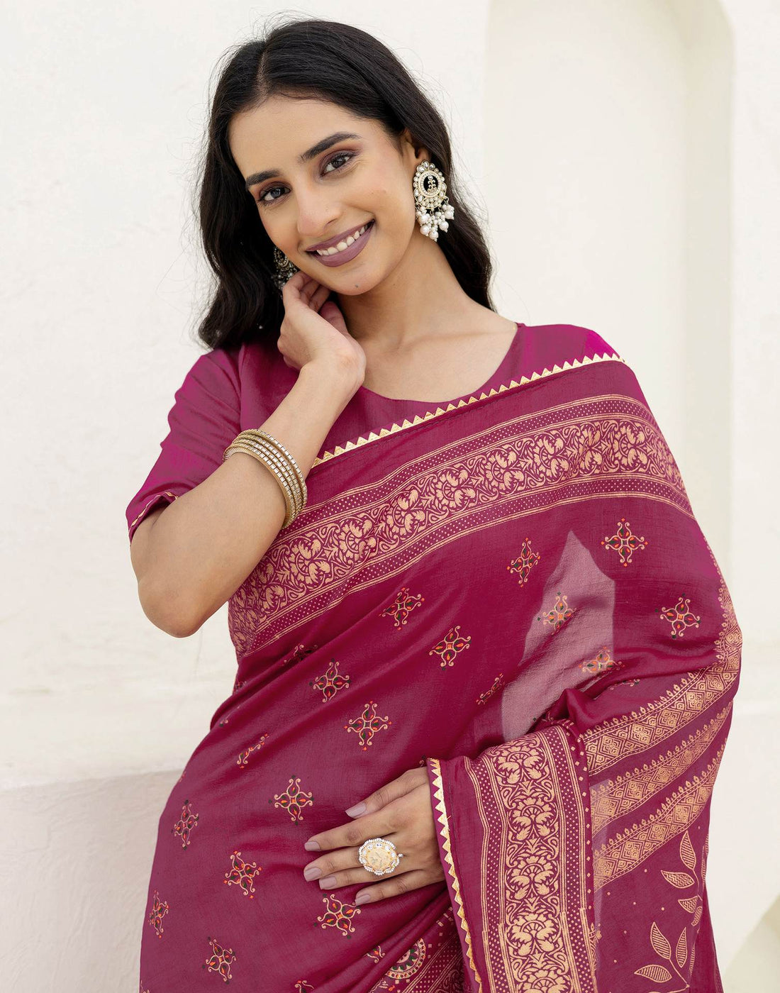 Rani Pink Silk Foil Printed Saree