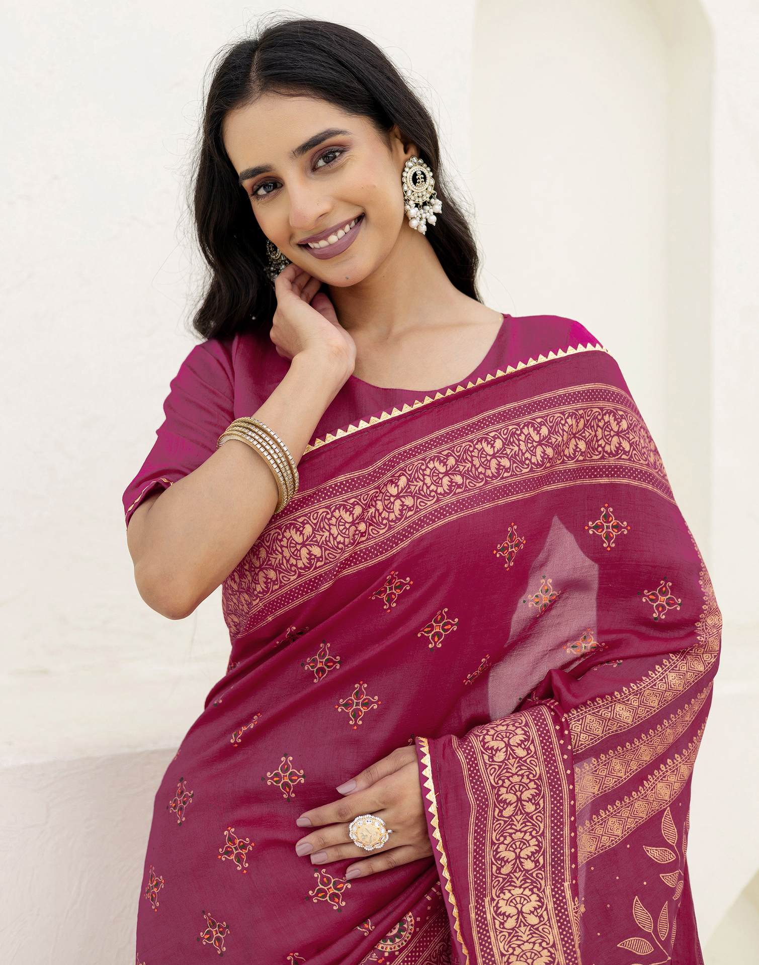 Rani Pink Silk Foil Printed Saree
