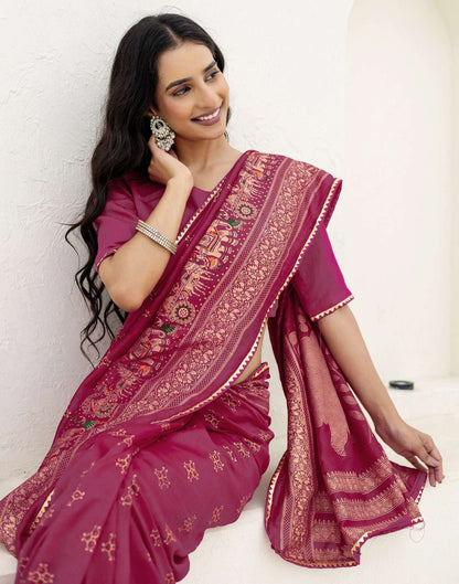 Rani Pink Silk Foil Printed Saree