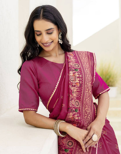 Rani Pink Silk Foil Printed Saree