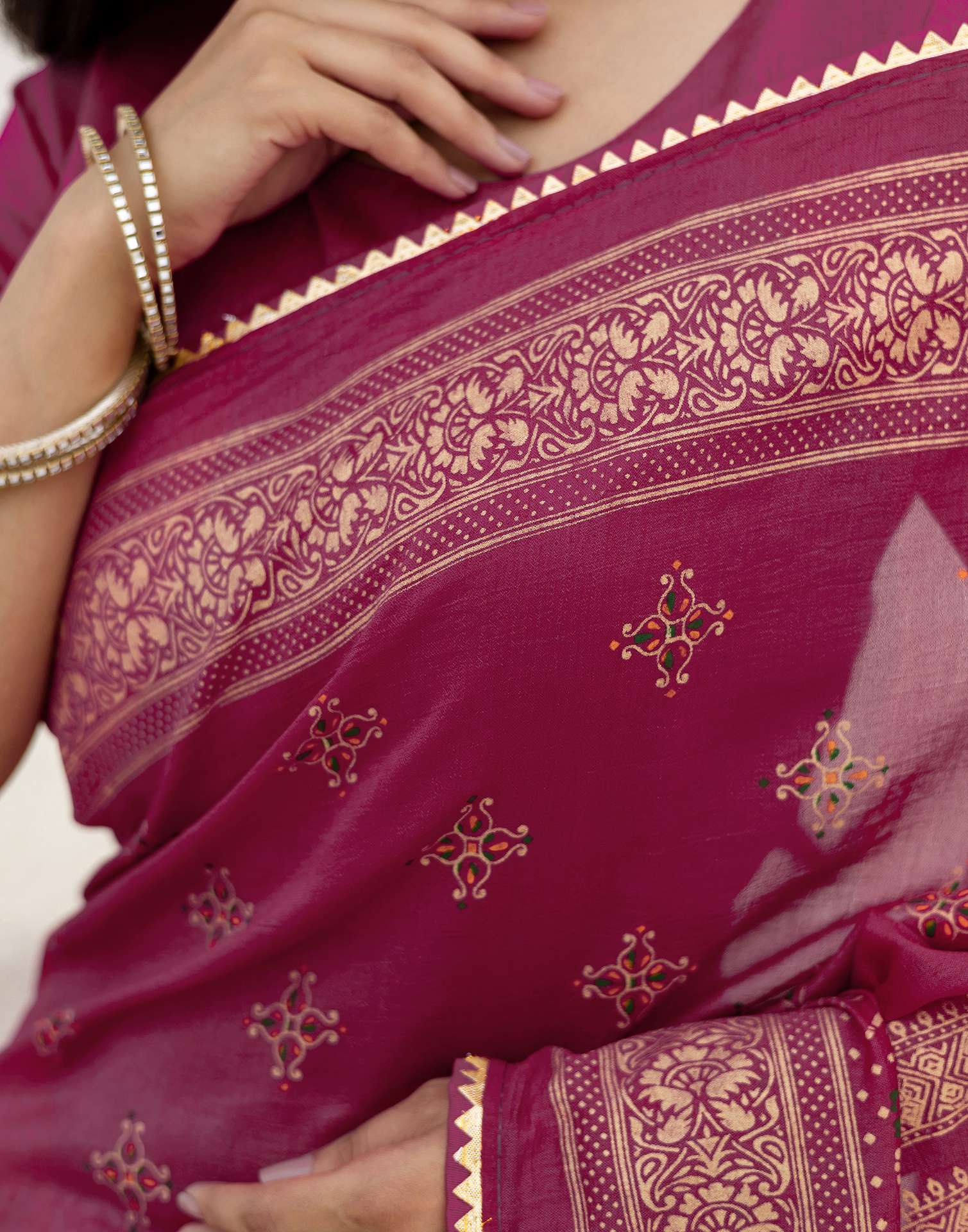 Rani Pink Silk Foil Printed Saree