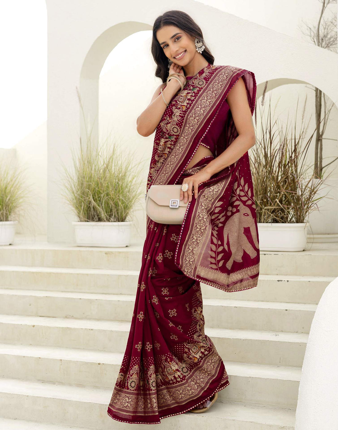 Maroon Silk Foil Printed Saree