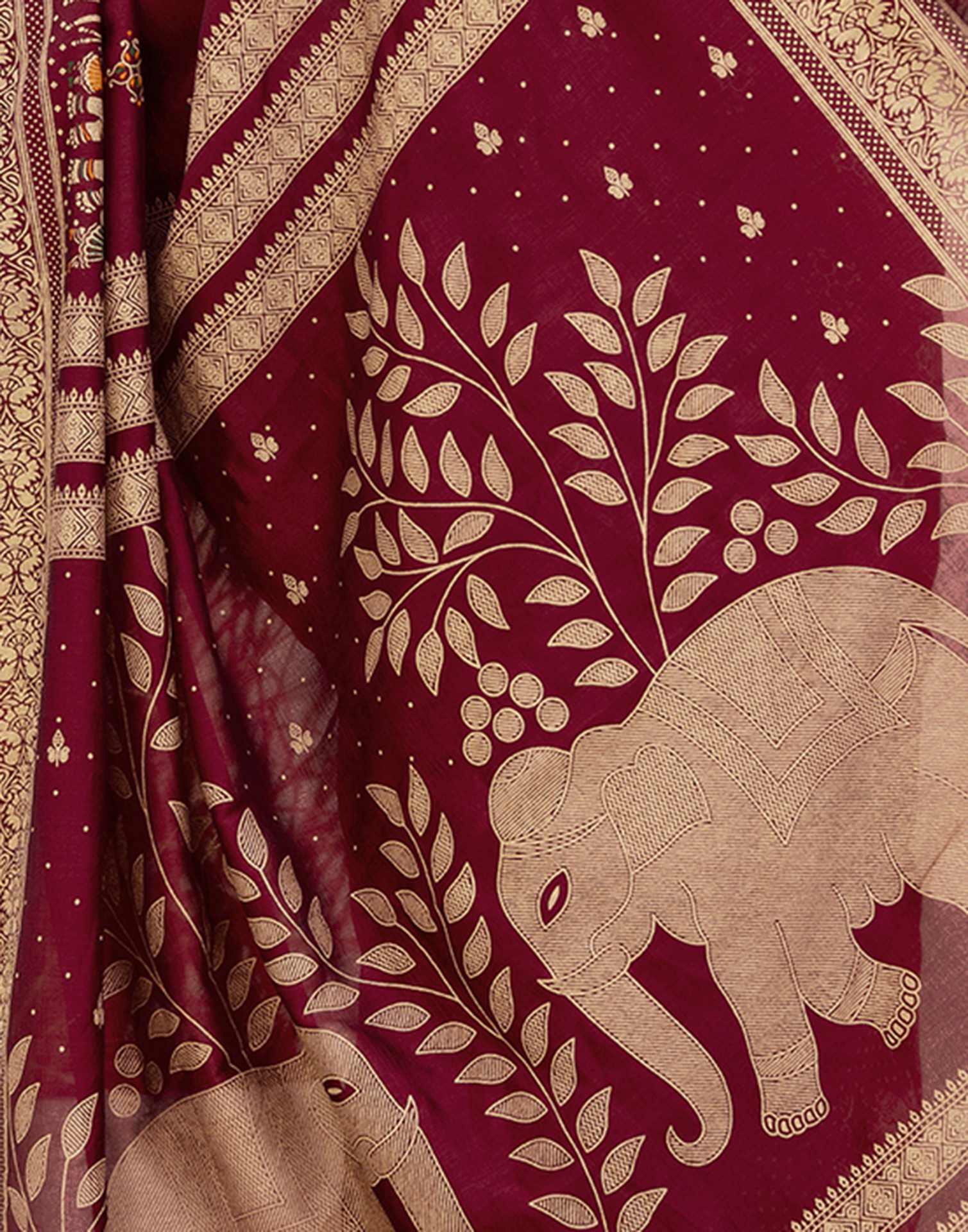 Maroon Silk Foil Printed Saree