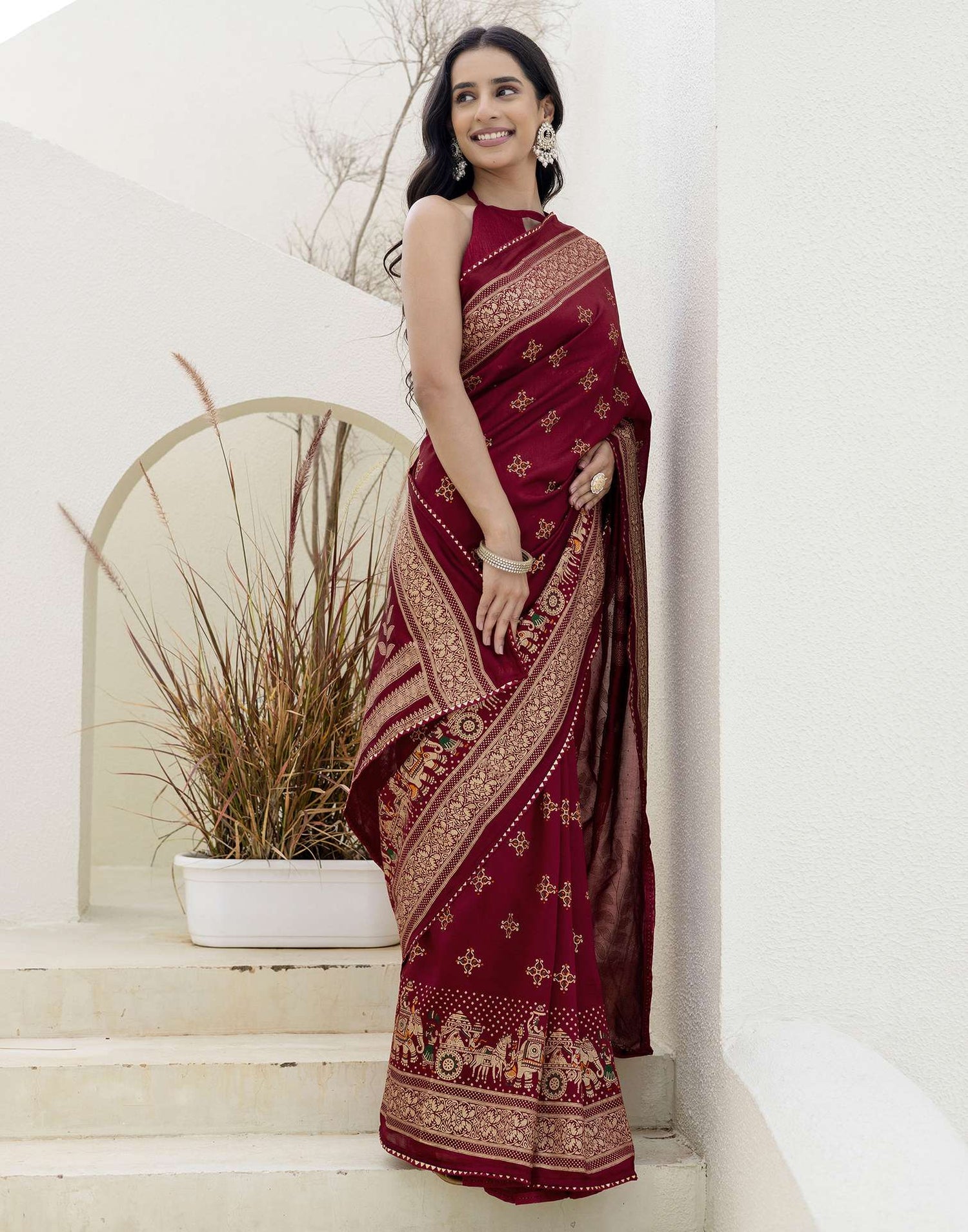 Maroon Silk Foil Printed Saree