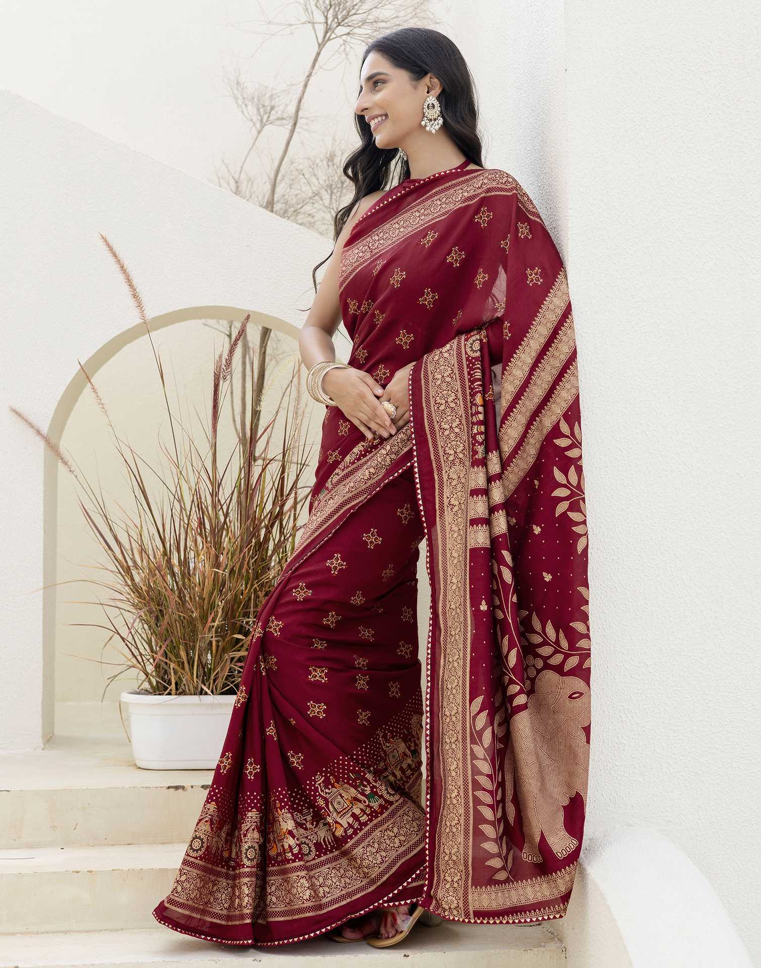 Maroon Silk Foil Printed Saree