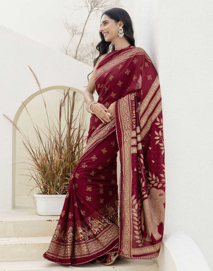 Maroon Silk Foil Printed Saree