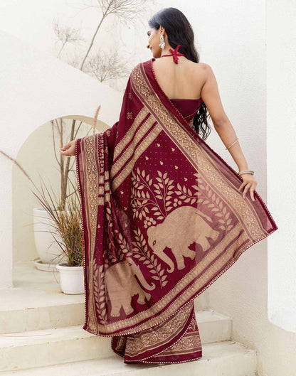 Maroon Silk Foil Printed Saree
