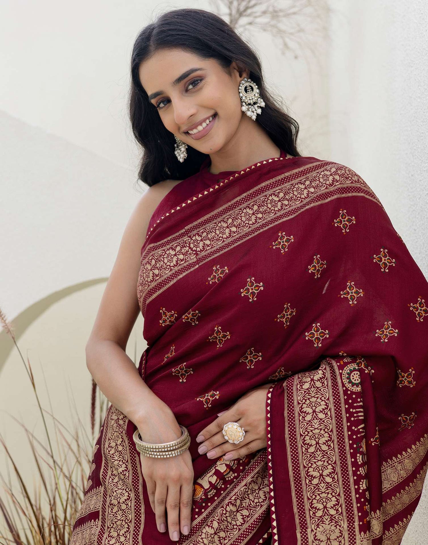 Maroon Silk Foil Printed Saree
