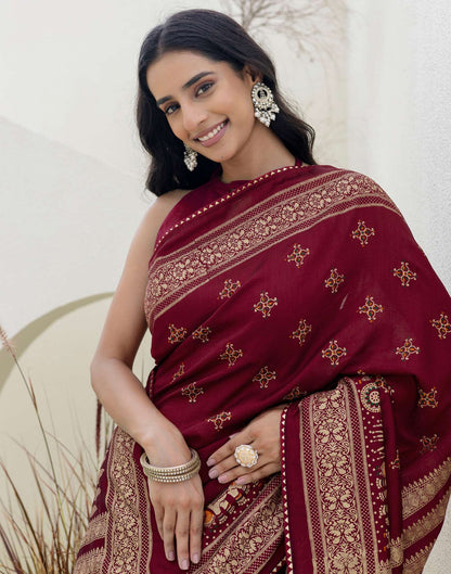 Maroon Silk Foil Printed Saree