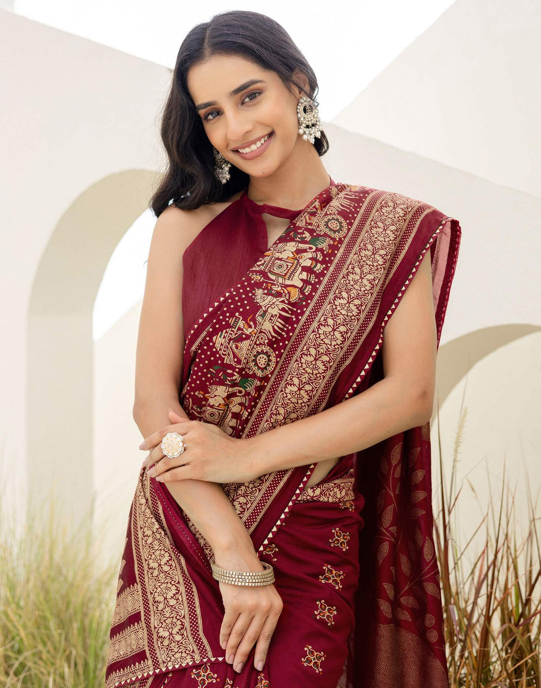 Maroon Silk Foil Printed Saree
