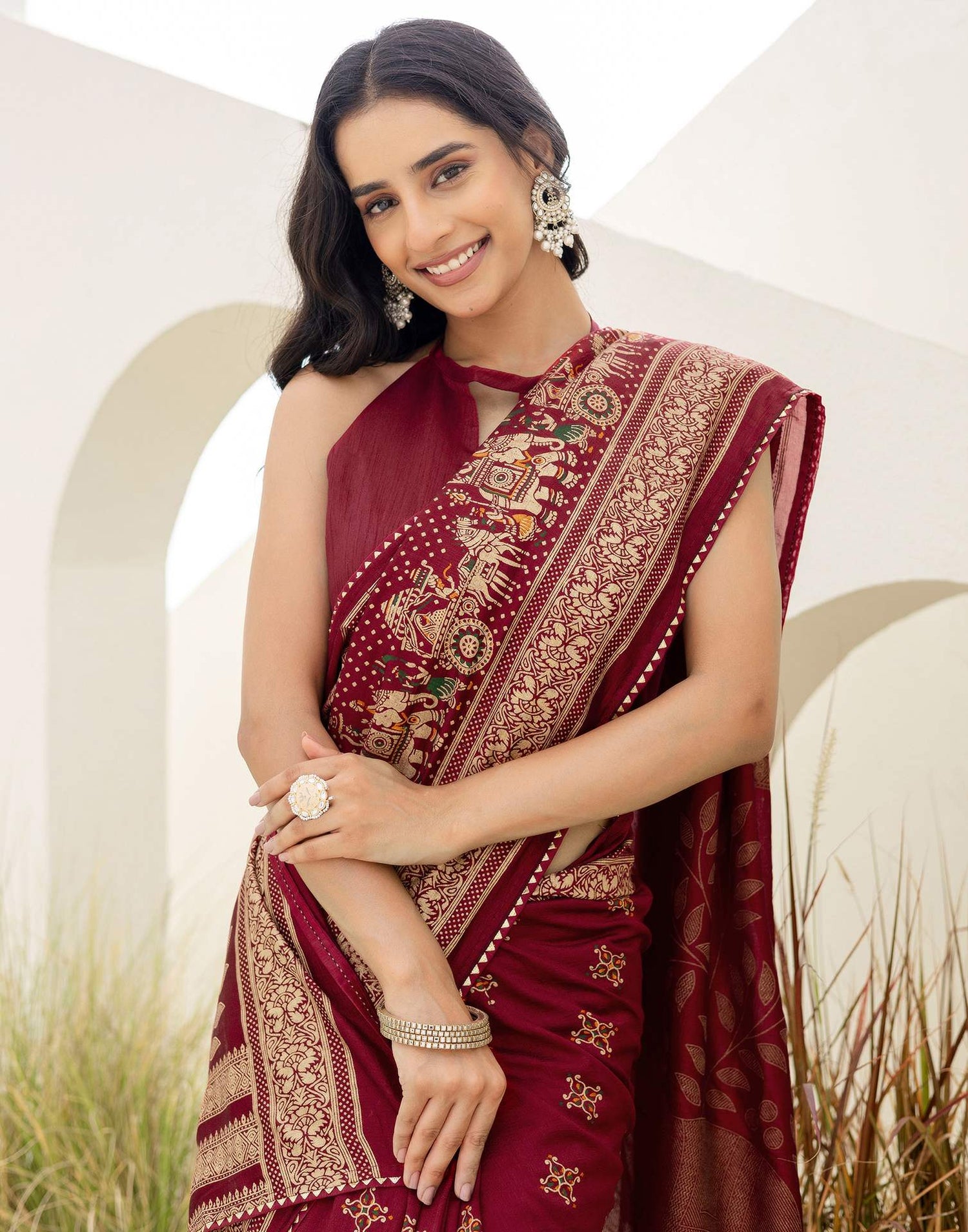 Maroon Silk Foil Printed Saree