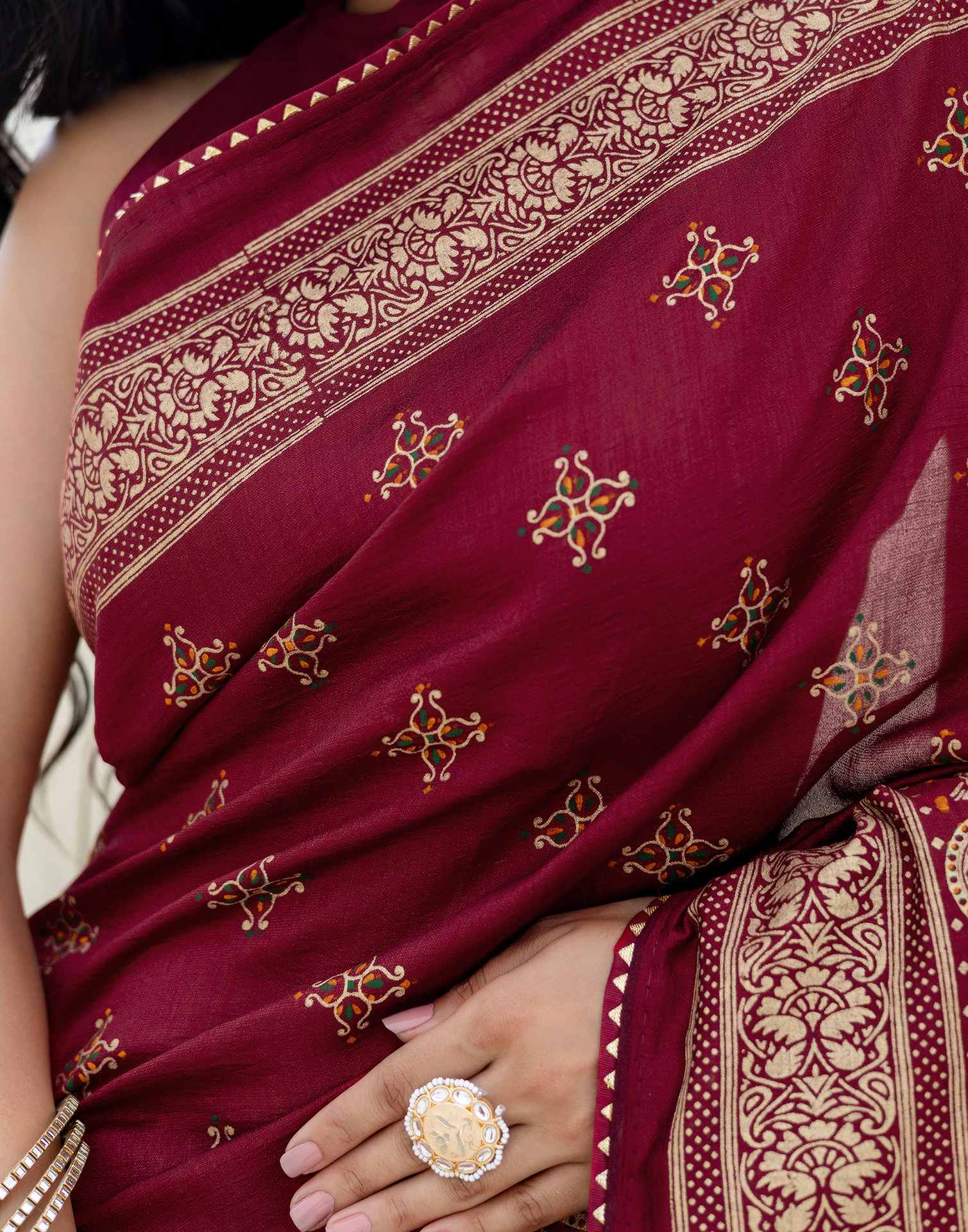 Maroon Silk Foil Printed Saree