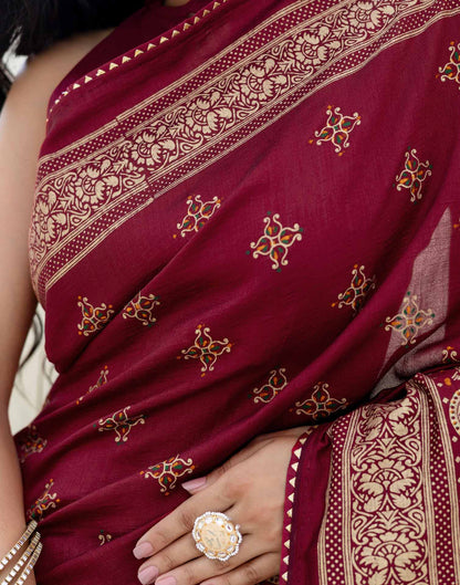 Maroon Silk Foil Printed Saree
