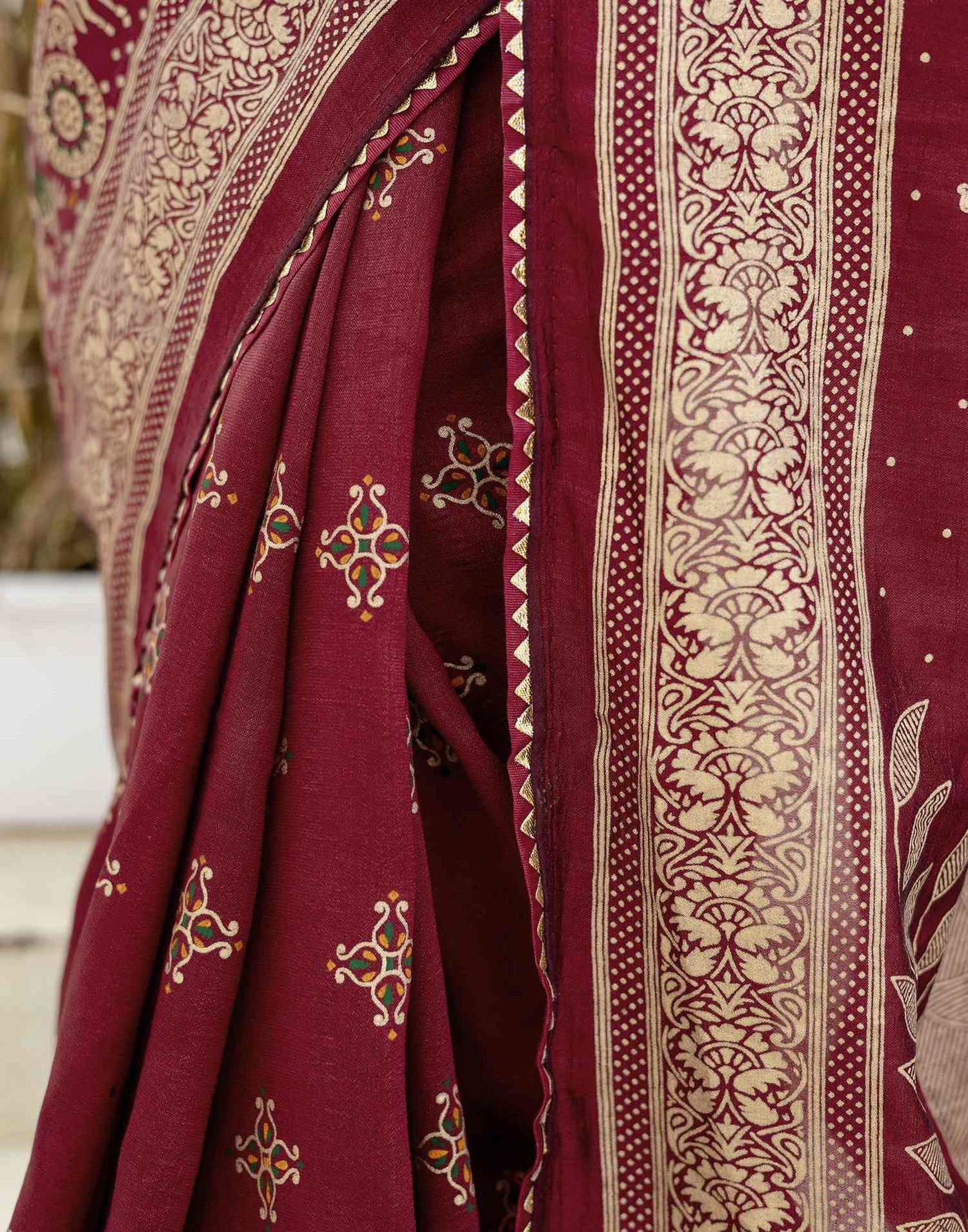 Maroon Silk Foil Printed Saree