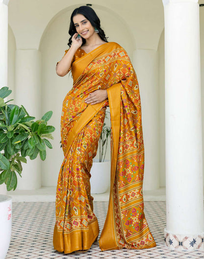 Mustard Yellow Silk Printed Patola Saree