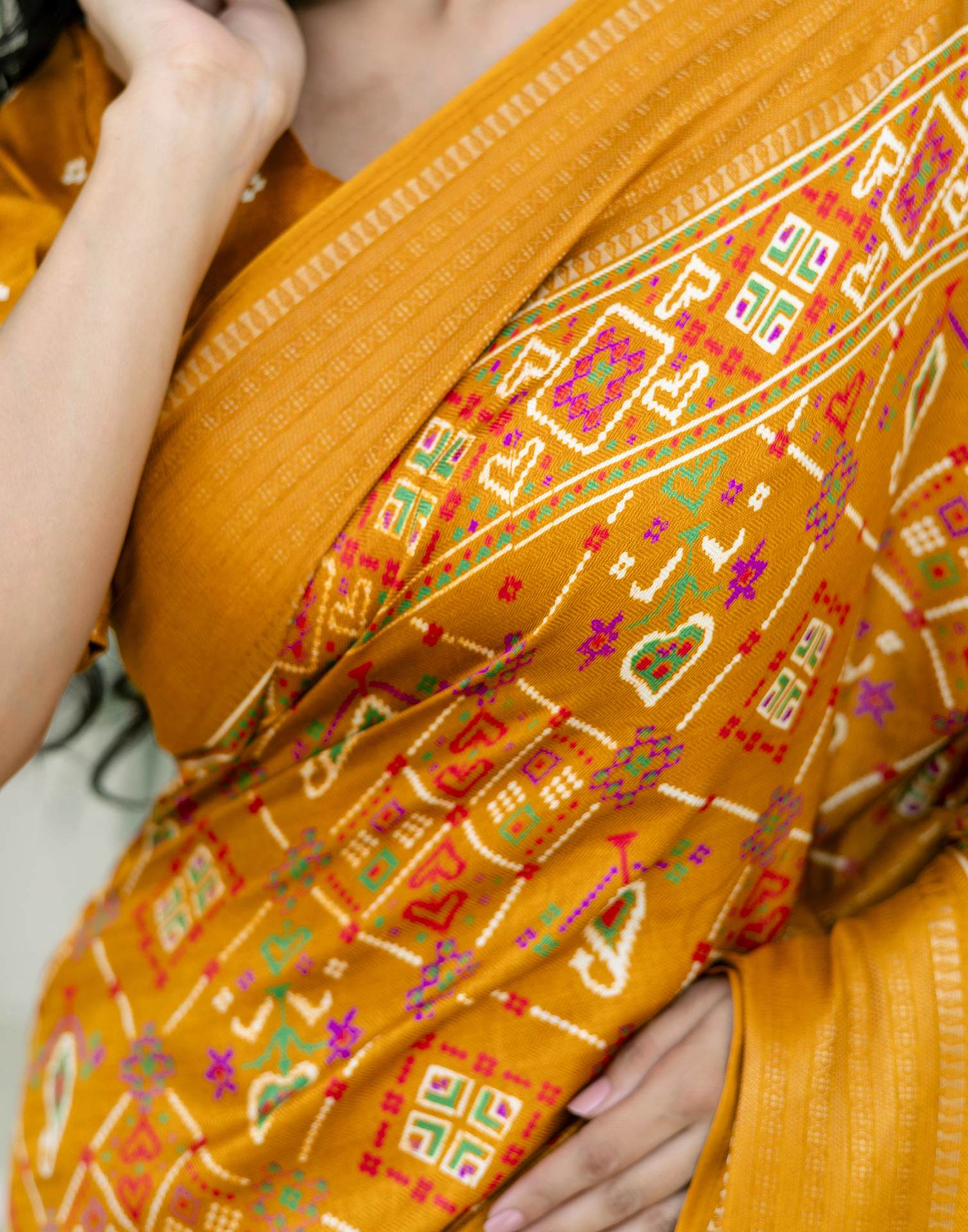 Mustard Yellow Silk Printed Patola Saree