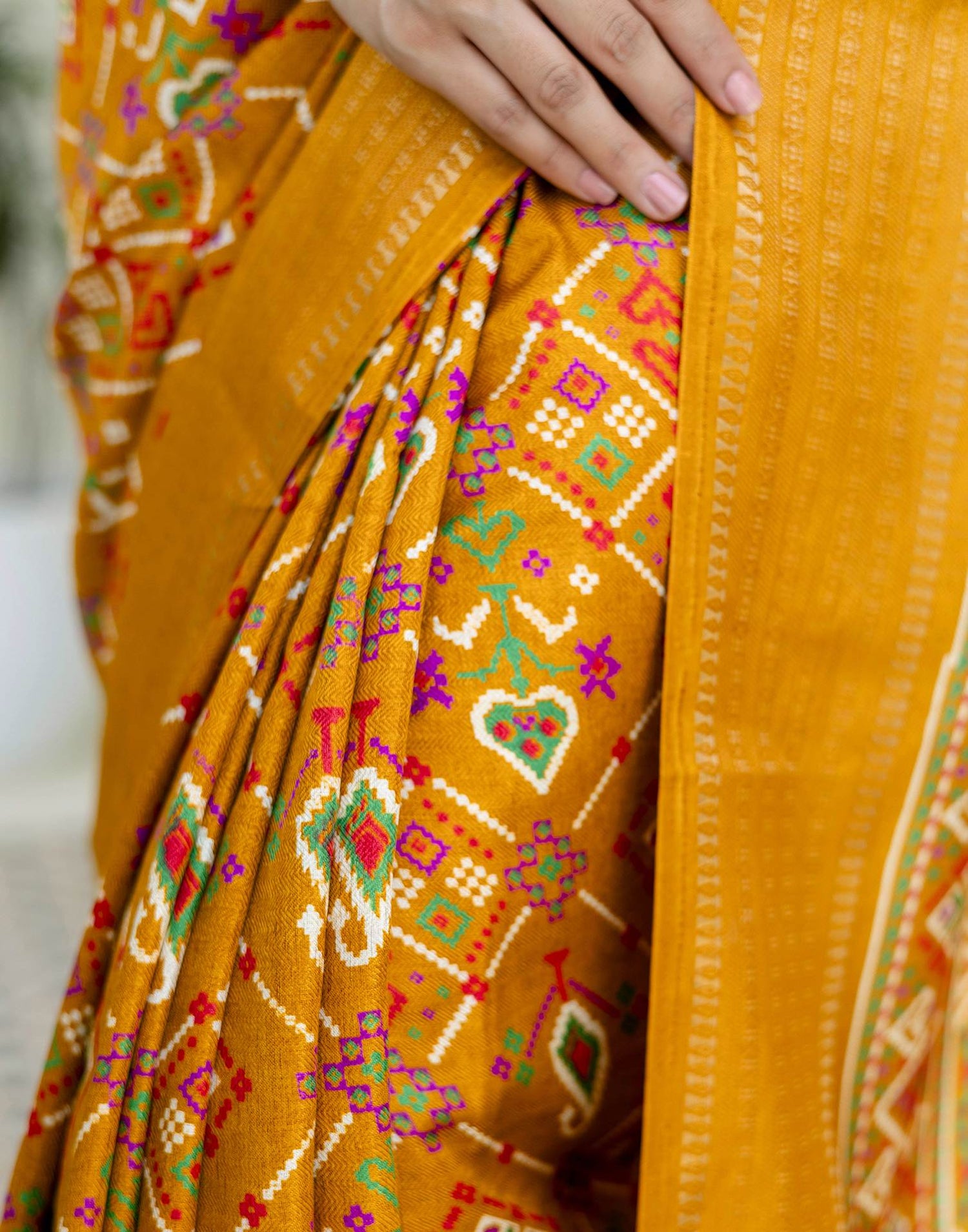 Mustard Yellow Silk Printed Patola Saree