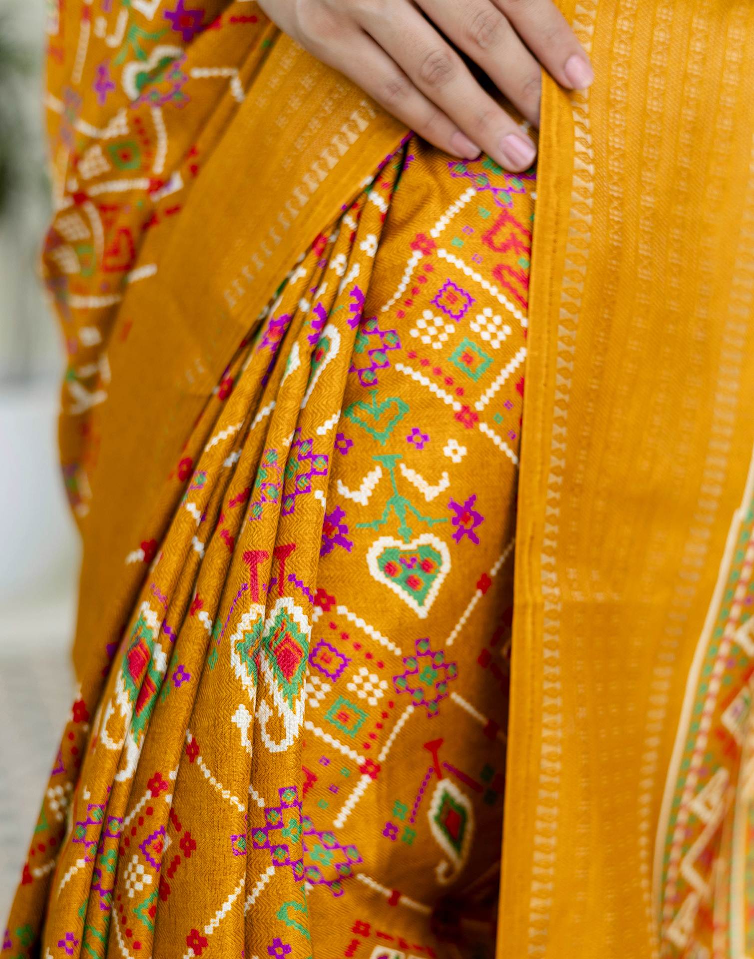 Mustard Yellow Silk Printed Patola Saree