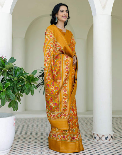 Mustard Yellow Silk Printed Patola Saree