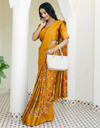 Mustard Yellow Silk Printed Patola Saree