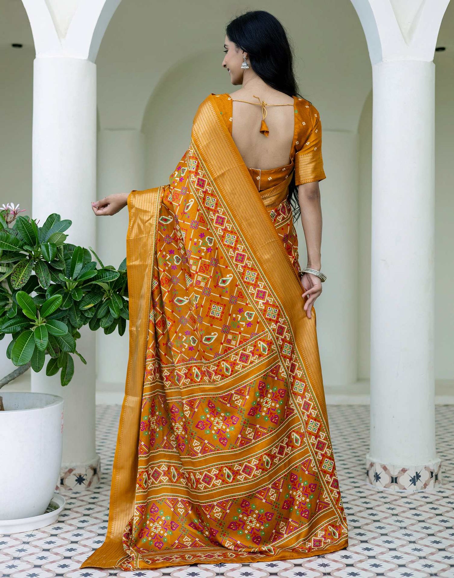 Mustard Yellow Silk Printed Patola Saree