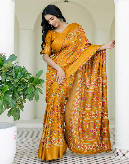 Mustard Yellow Silk Printed Patola Saree