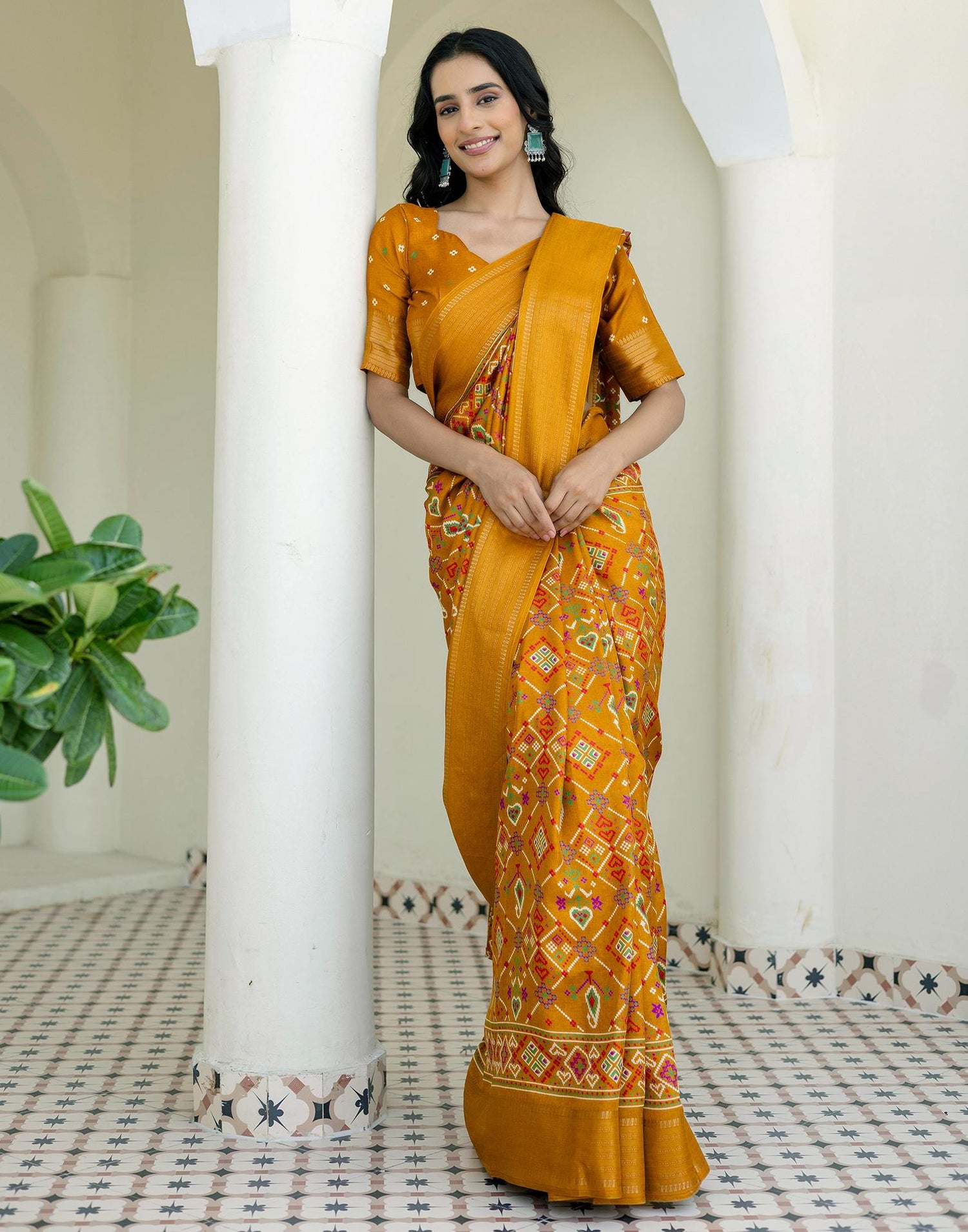Mustard Yellow Silk Printed Patola Saree