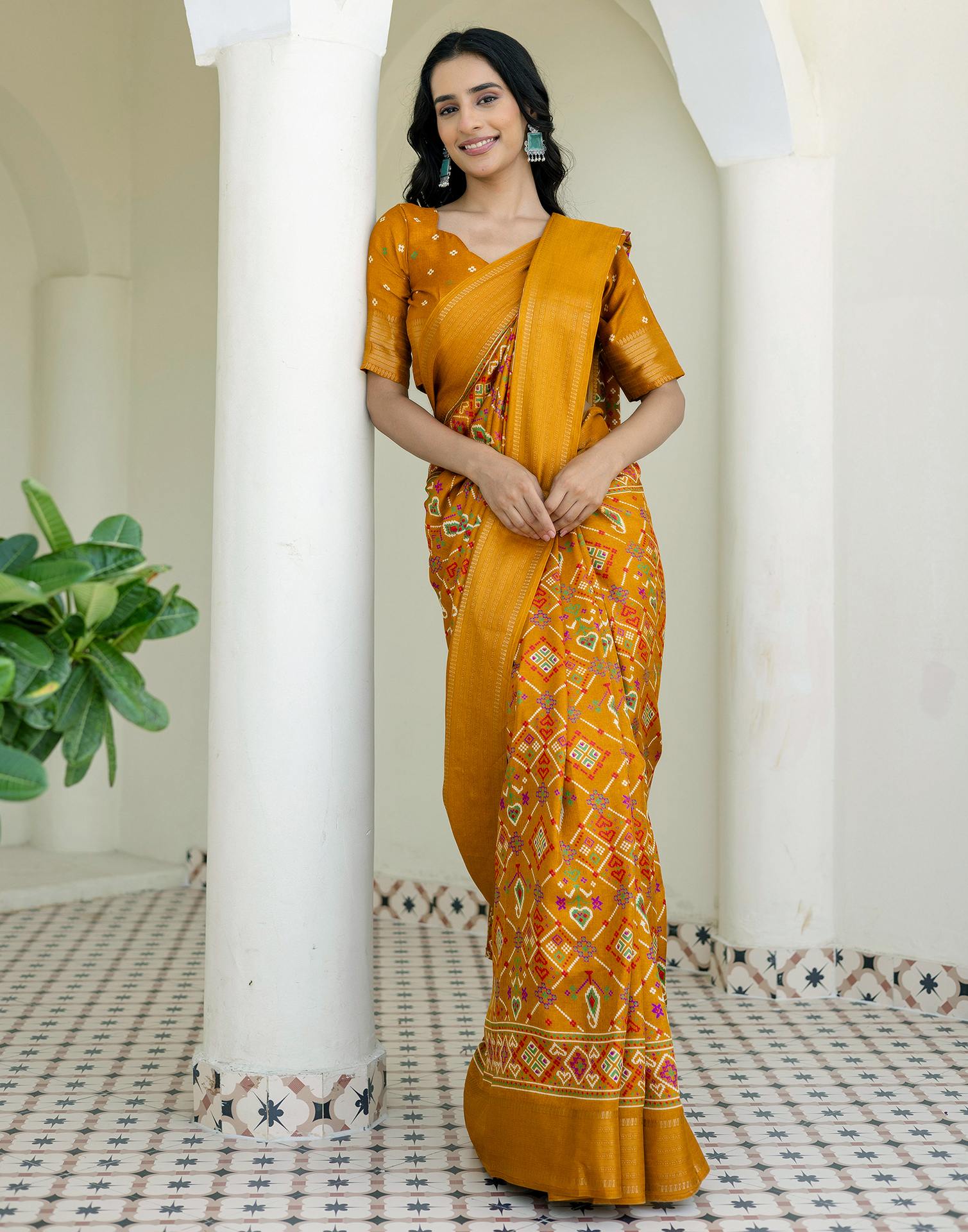 Mustard Yellow Silk Printed Patola Saree
