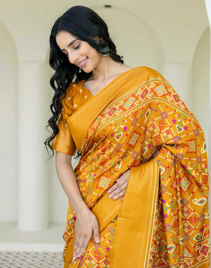 Mustard Yellow Silk Printed Patola Saree