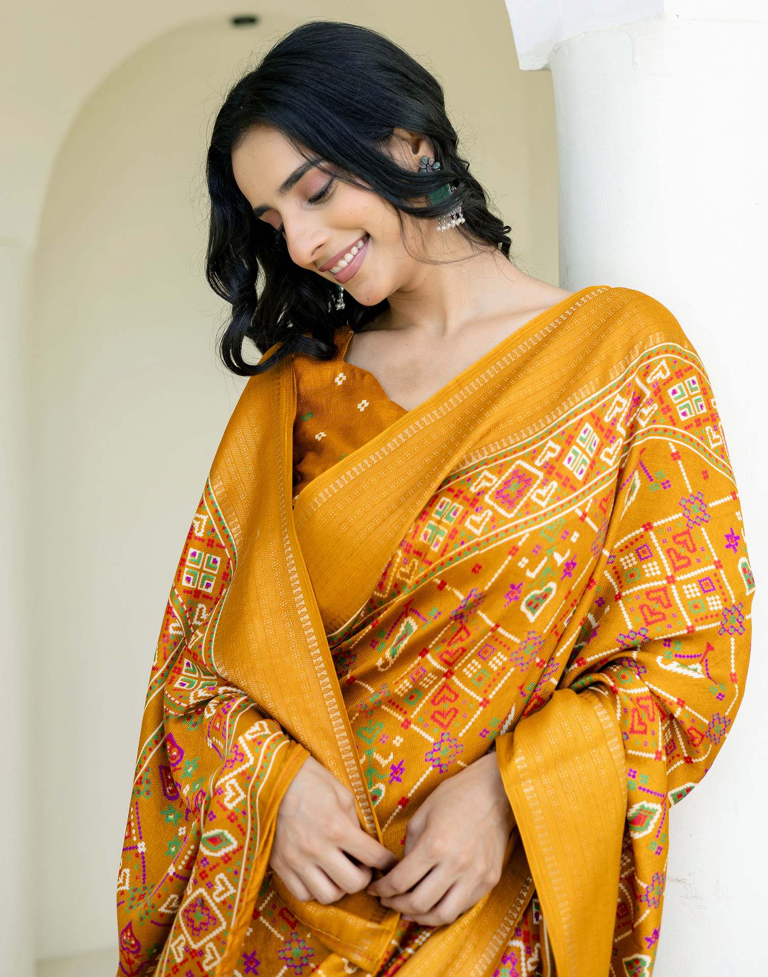 Mustard Yellow Silk Printed Patola Saree