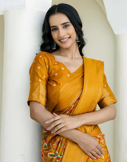 Mustard Yellow Silk Printed Patola Saree