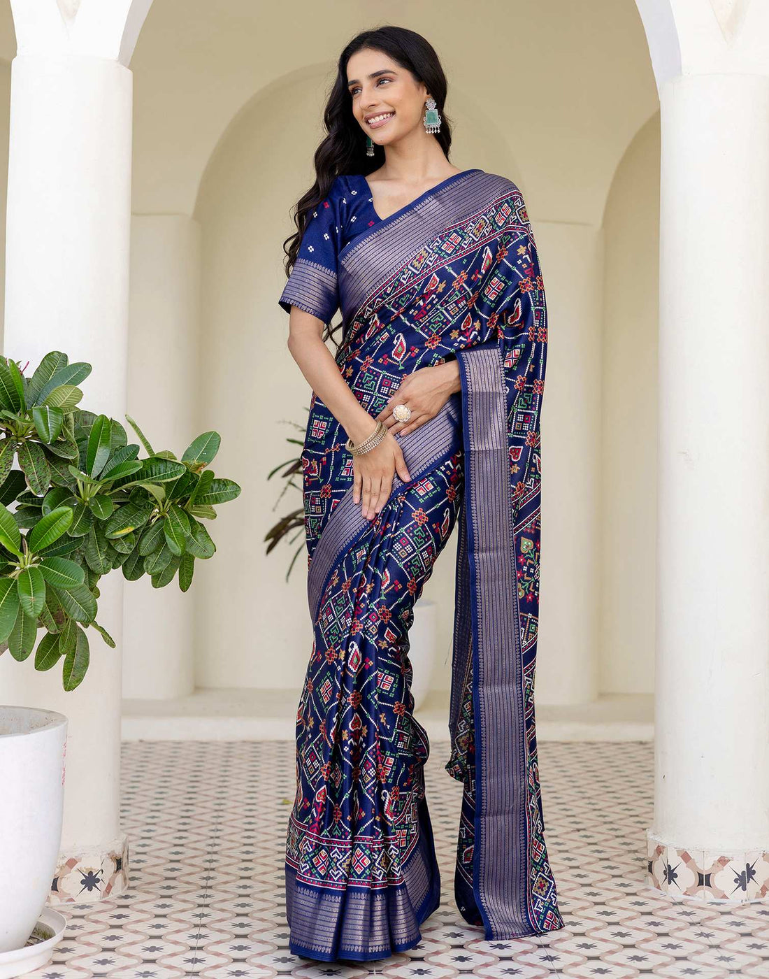 Navy Blue Silk Printed Patola Saree