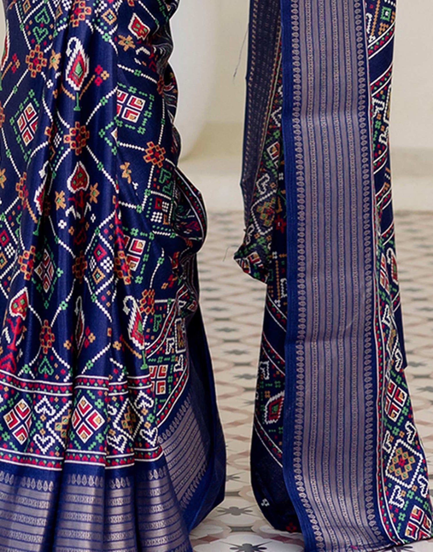 Navy Blue Silk Printed Patola Saree
