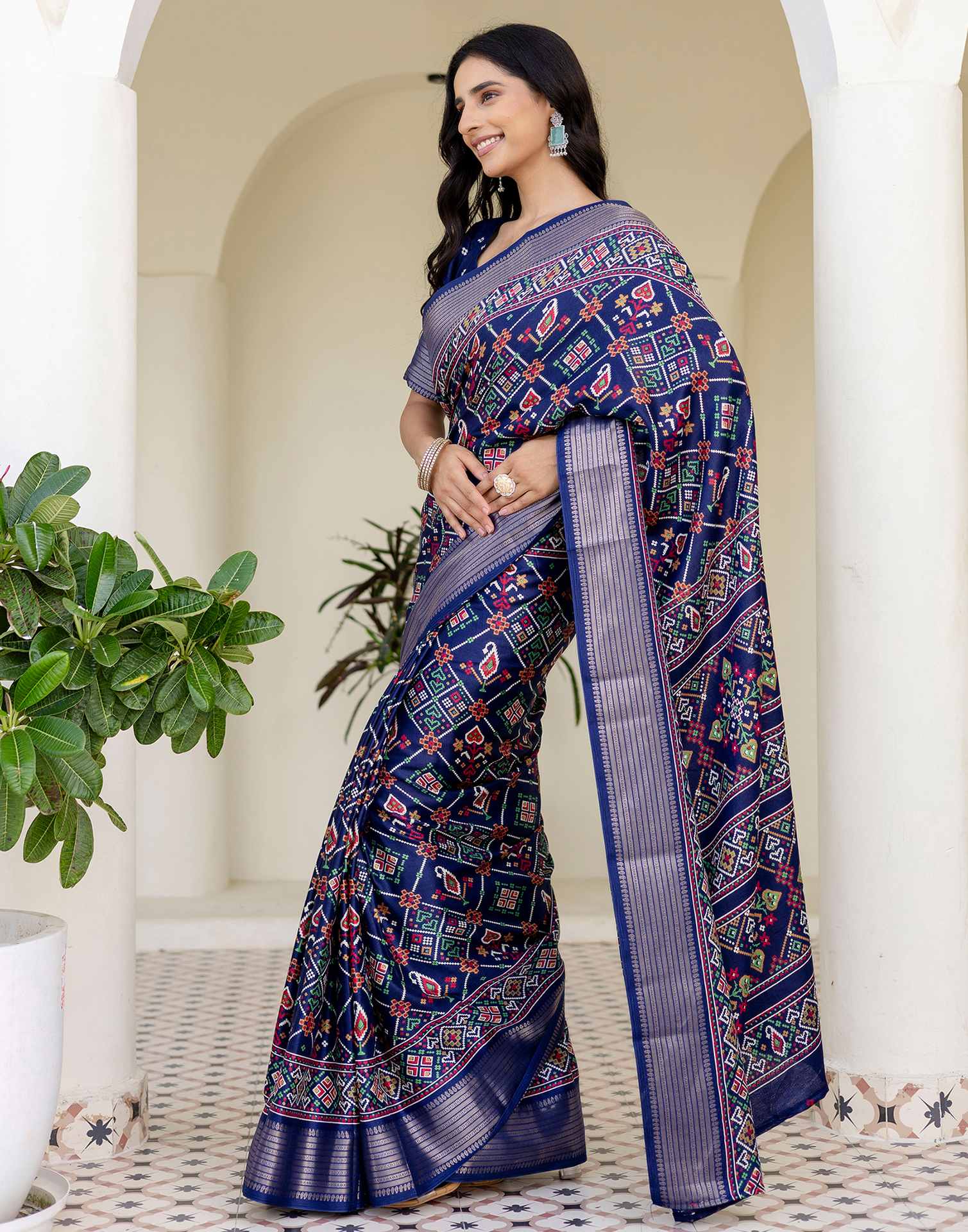 Navy Blue Silk Printed Patola Saree