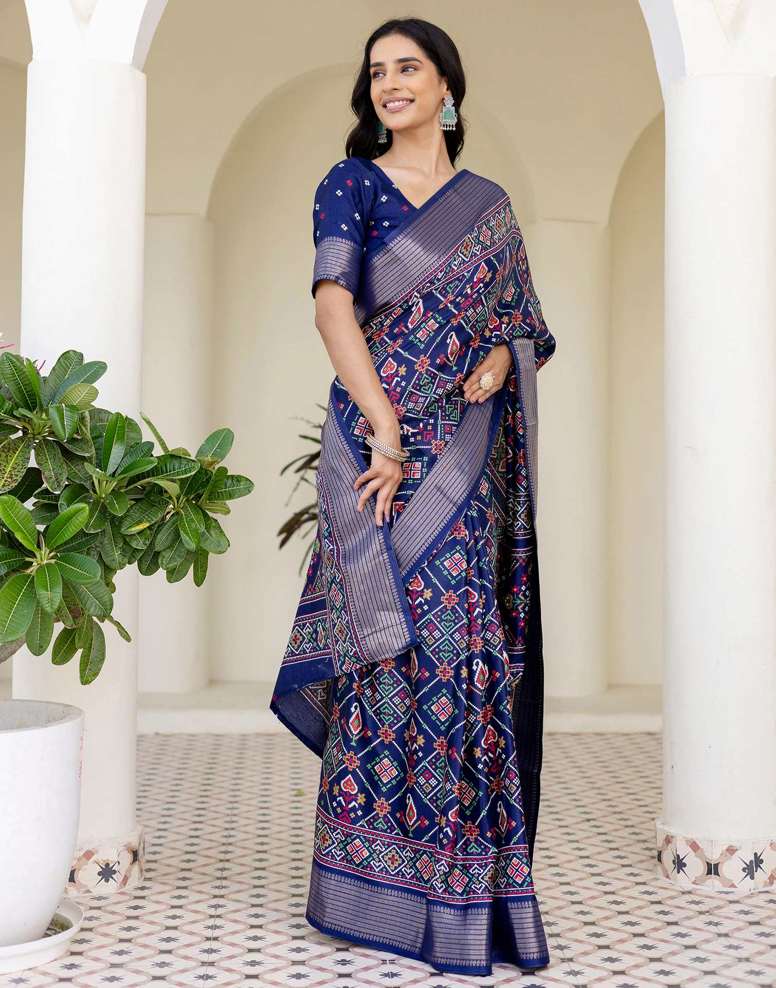 Navy Blue Silk Printed Patola Saree