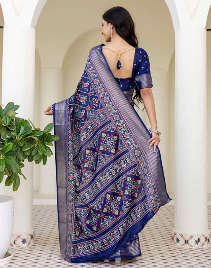 Navy Blue Silk Printed Patola Saree