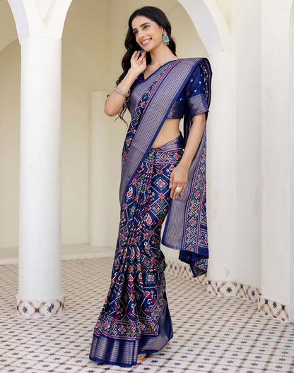 Navy Blue Silk Printed Patola Saree