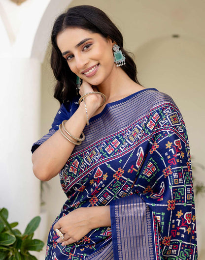 Navy Blue Silk Printed Patola Saree