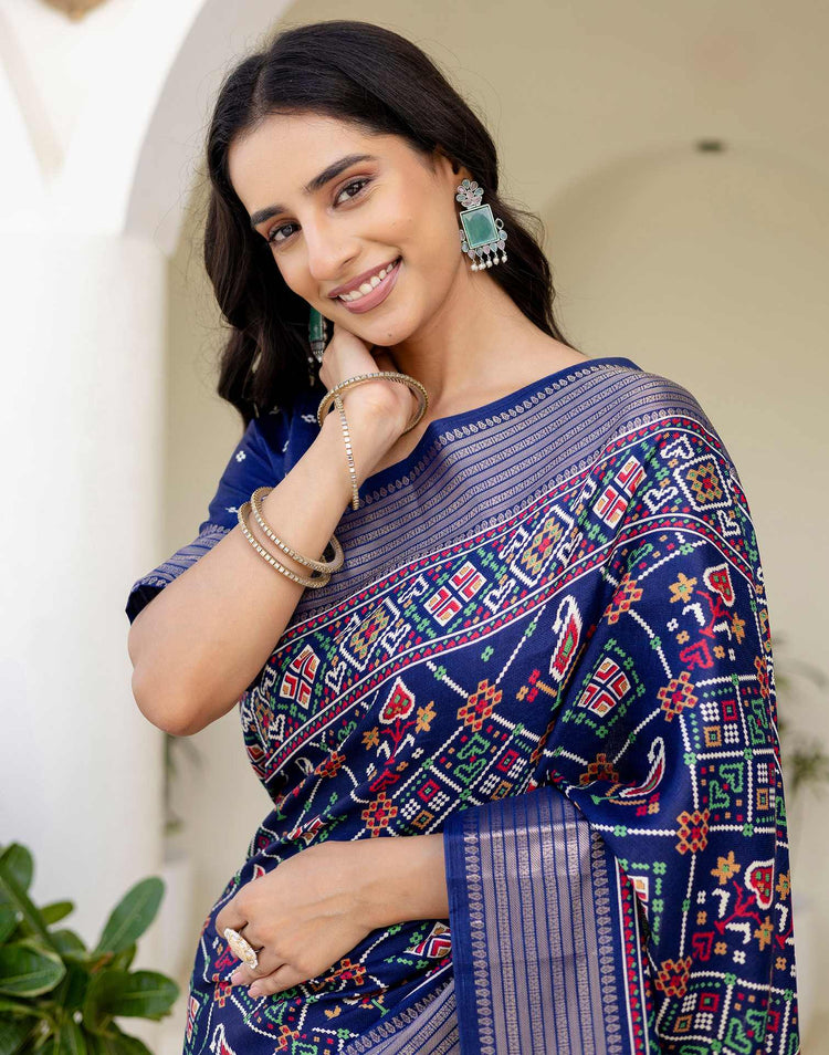 Navy Blue Silk Printed Patola Saree