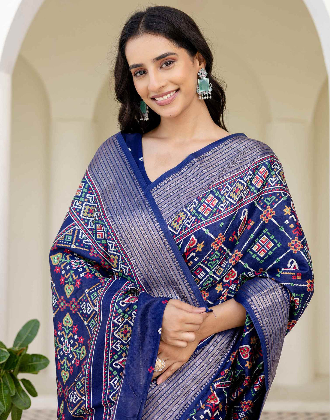 Navy Blue Silk Printed Patola Saree