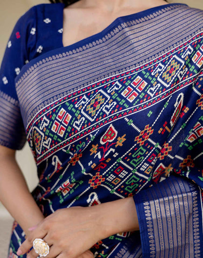 Navy Blue Silk Printed Patola Saree