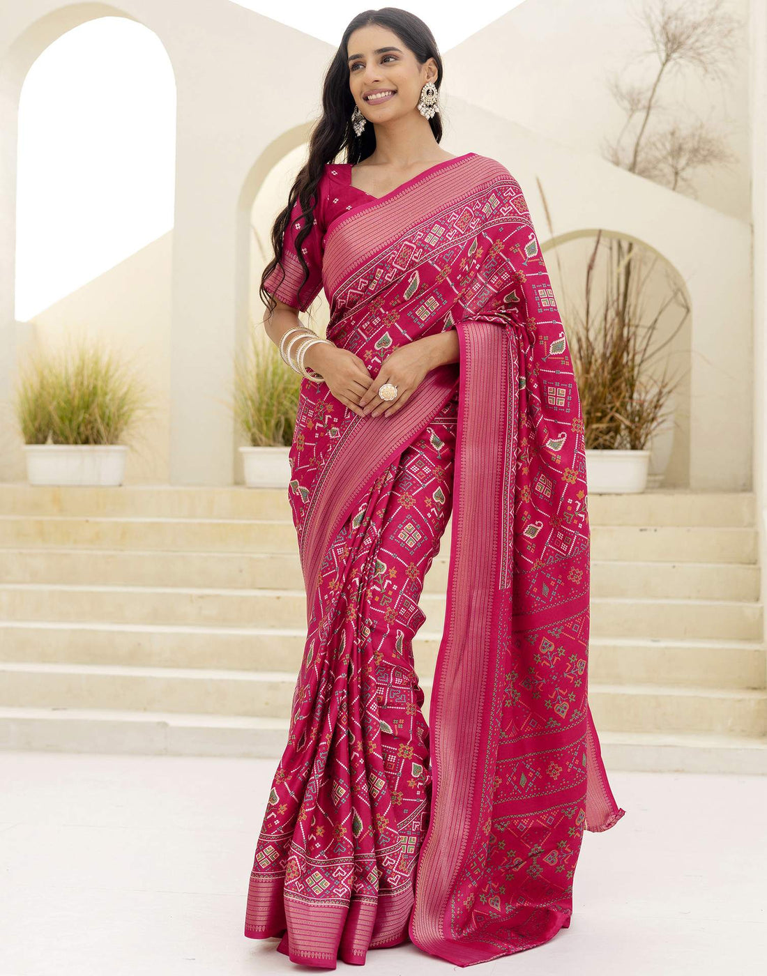 Rani Pink Silk Printed Patola Saree